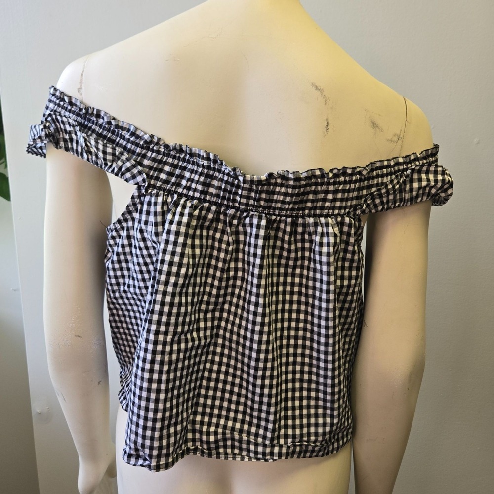 Guess Gingham Off-Shoulder Blouse Black & White Plaid Top Cottage Peasant Prairi - Picture 5 of 10